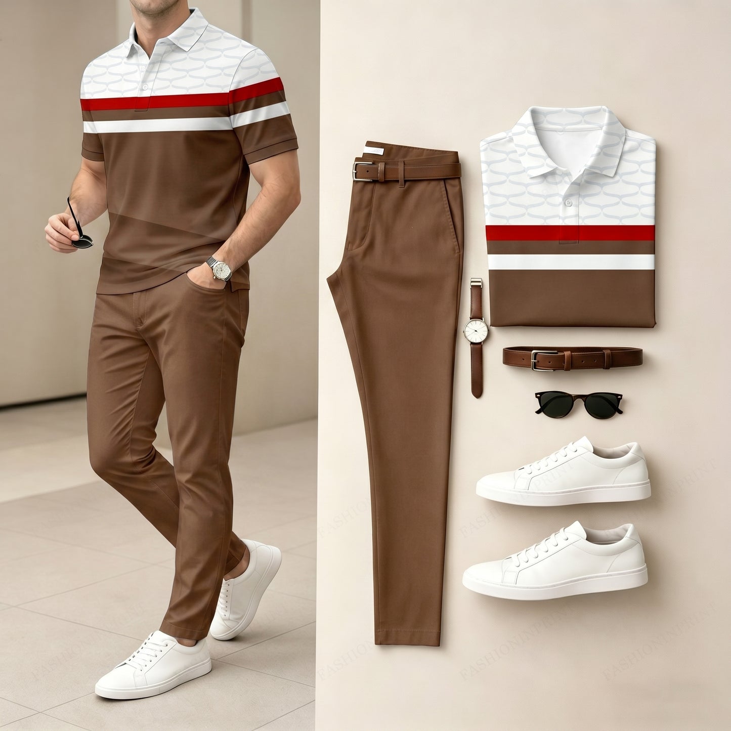 Men's Coffee & White Color Matching Striped Printed Short Sleeved Polo Shirt & Pants Two-Piece Set