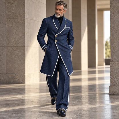 Men's Navy Blue Contrast Piping Shawl Lapel Asymmetrical Overcoat & Pants Denim-Like 2Pcs Set