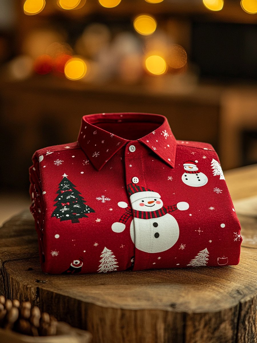 Men's Business Christmas Snowman Printed Christmas Long Sleeve Shirt