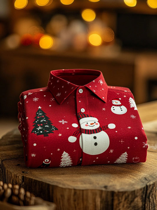 Men's Business Christmas Snowman Printed Christmas Long Sleeve Shirt
