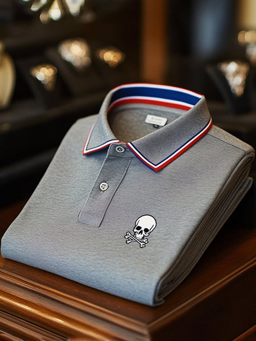 Men's Business Casual Skull Print Button-Down Polo Shirt