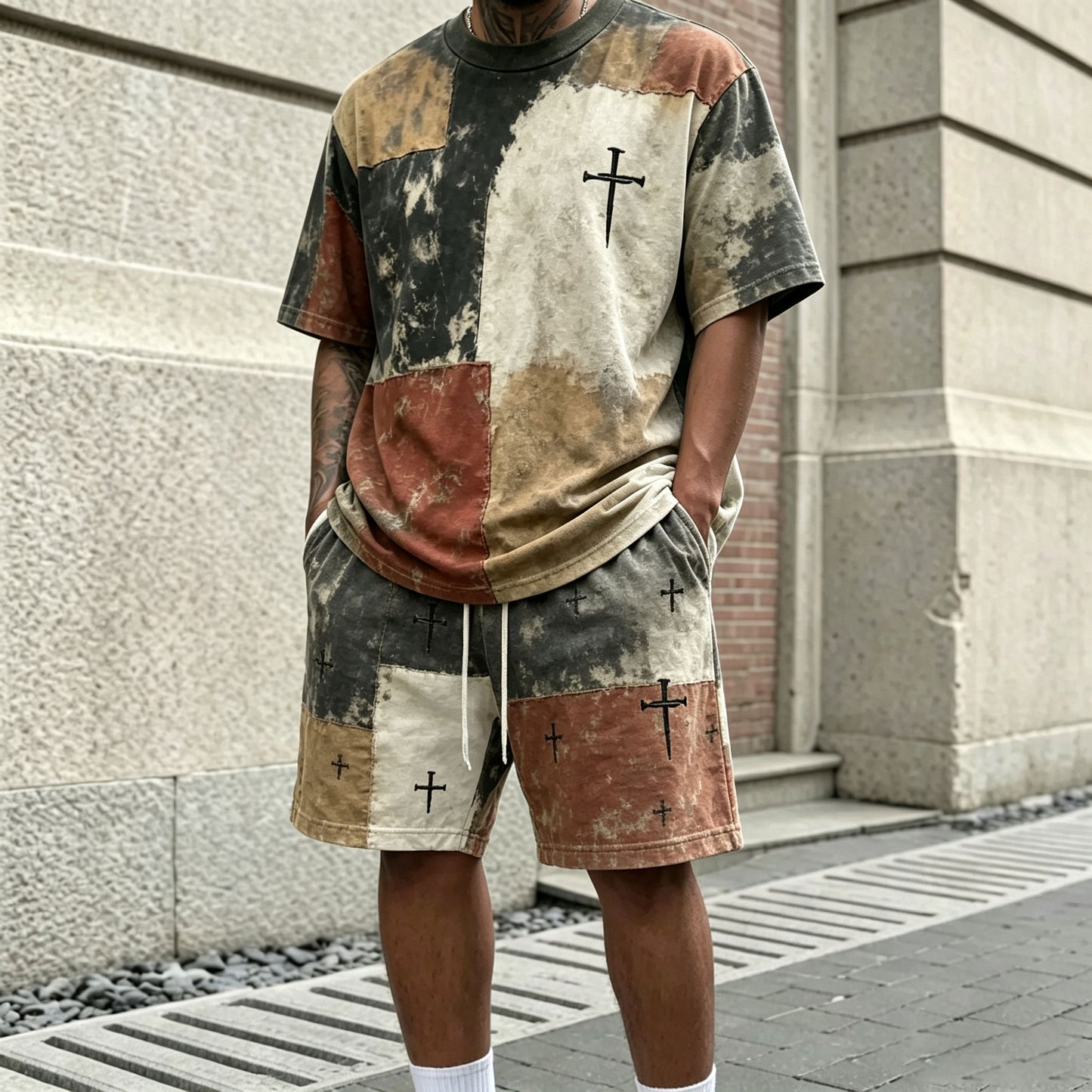 Men's Casual Color-Block Print Round-Neck Short-Sleeve T-Shirt and Shorts Two-Piece Set