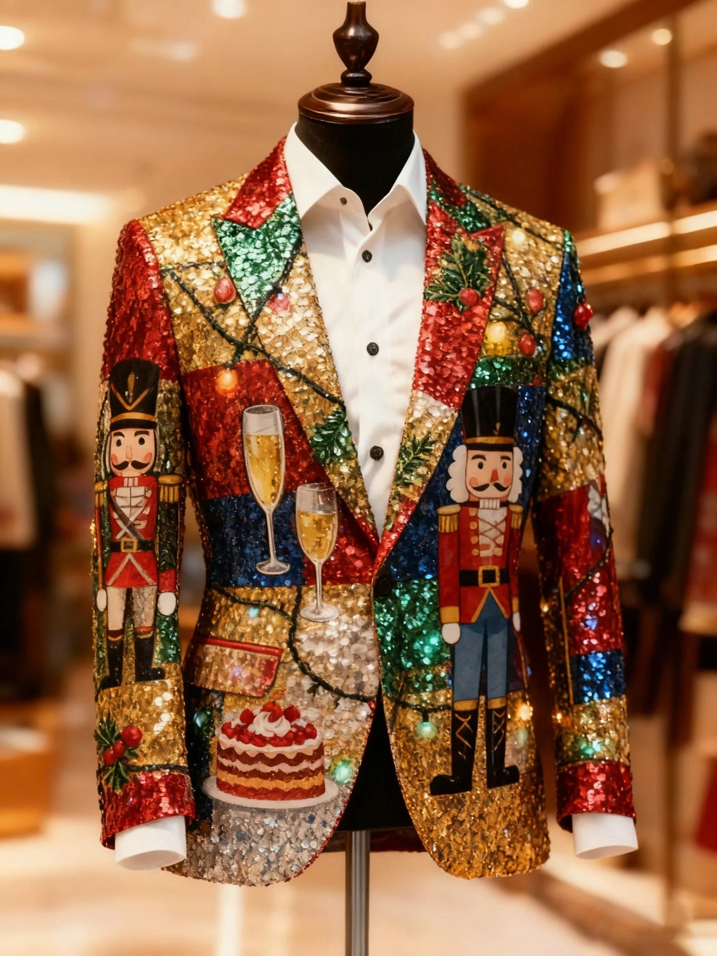 Men's Christmas Casual Print Large Pocket Blazers