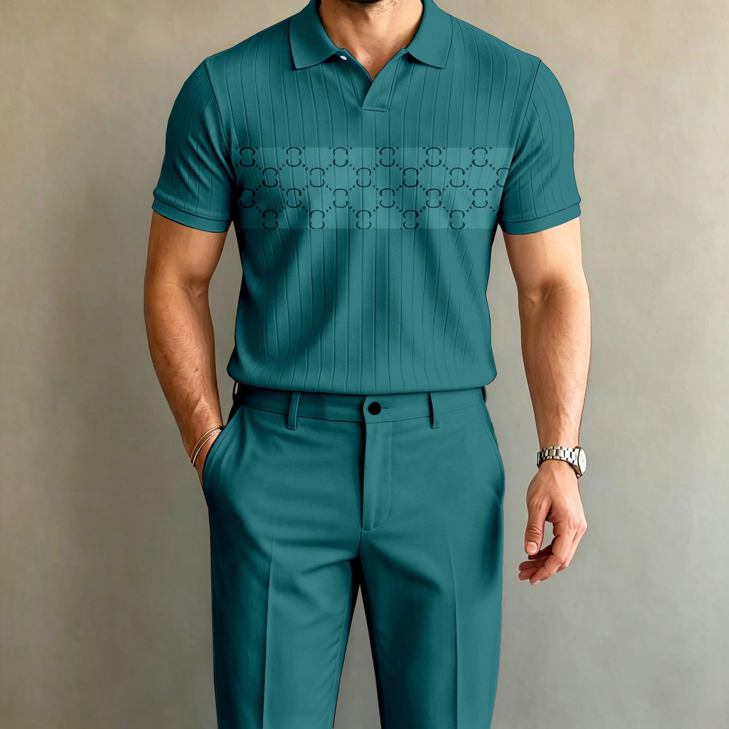 Men's Lake Green Short-Sleeve Polo Shirt and Pants Set