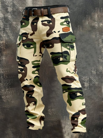 Men's Retro Abstract Face Camouflage Distressed Pocket Work Pants