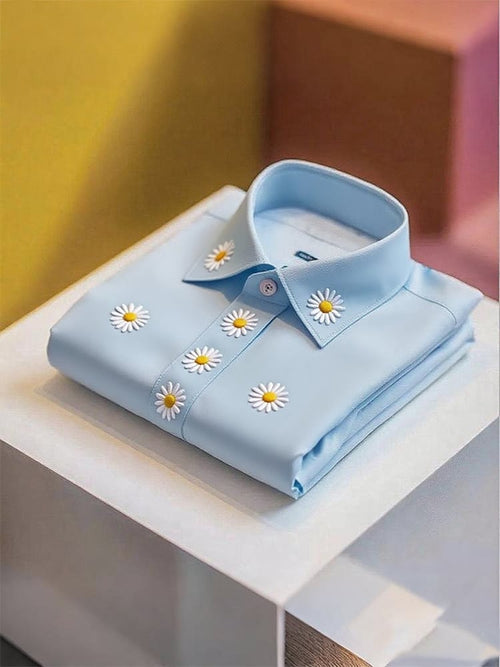 Men's Business Casual Daisy Flower Lapel Short Sleeve Shirt