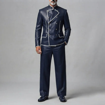 Men's Navy Blue PU Leather Stand Collar Contrast Piping Double-Breasted Jacket