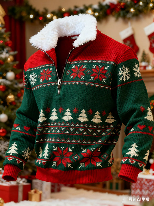 Men's Retro Color Block Print Christmas Fur Collar Sweatshirt