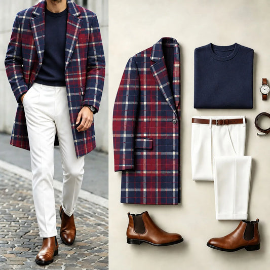 Men's Red and Blue Checkered Suit Set: Coat, Knit Sweater, and Pants