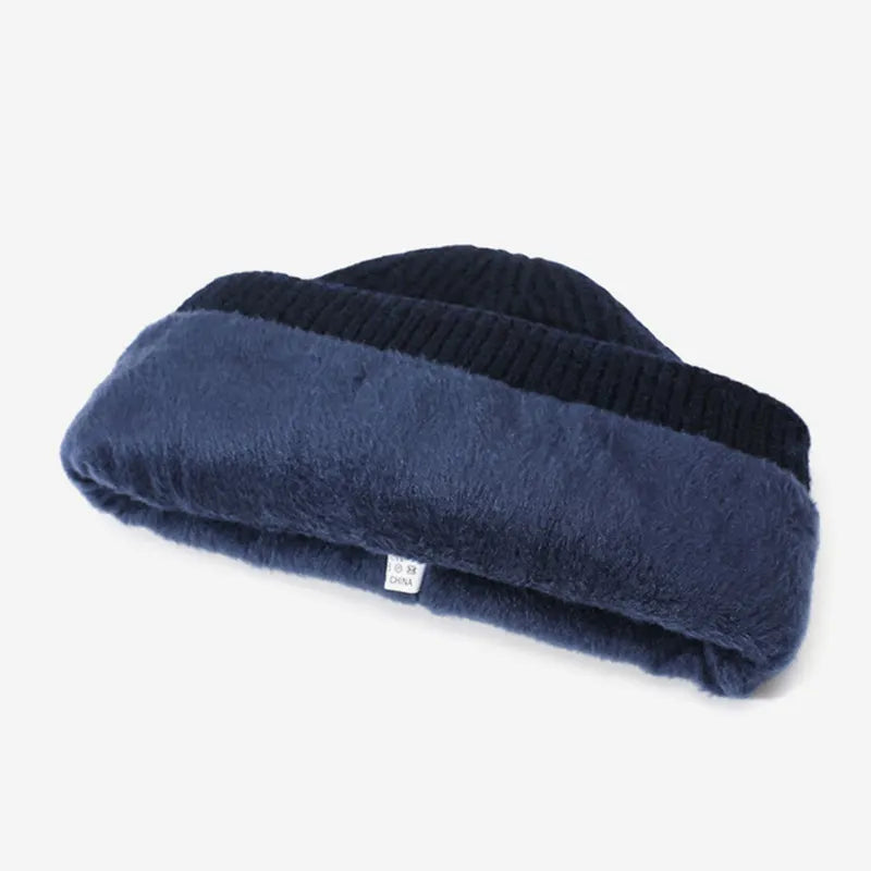 Men's Navy Blue Ribbed Knit Contrast Stripe Fold-Over Brim Fleece Lined Beanie Hat