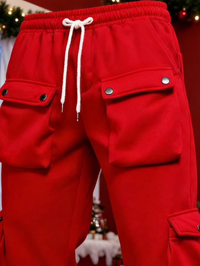 Men's Retro Multi-Pocket Plush Christmas Cargo Pants