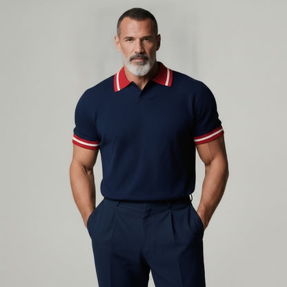 Men's Navy Blue Contrast Trim Turndown Collar Back Letter Pattern Polo Shirt