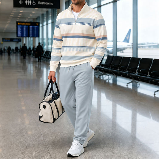 Men's Striped Stand-Up Collar Long-Sleeve Shirt and Pants Set