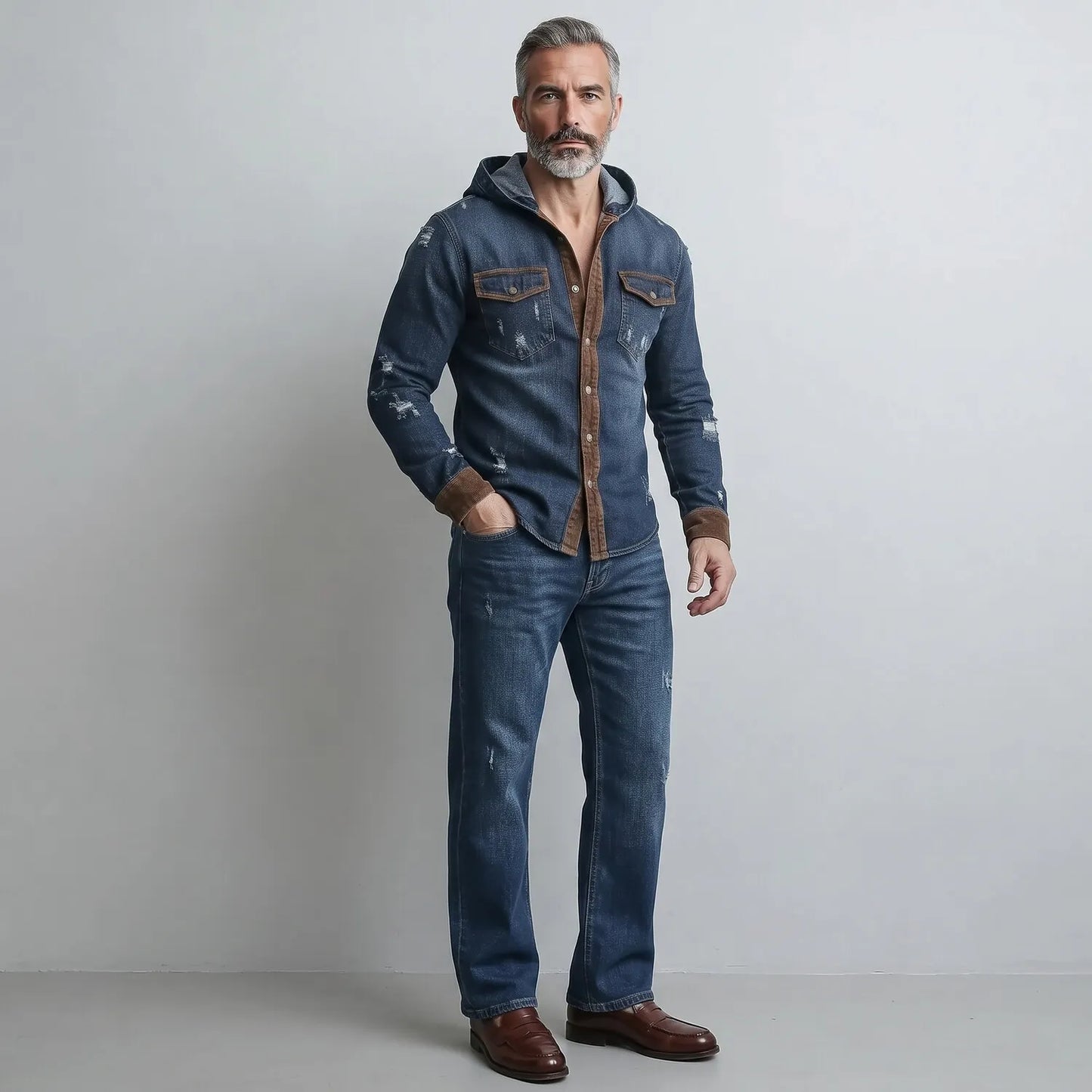 Men's Vintage Denim Contrast Trim Single Breasted Chest Pocket Hooded Shirt