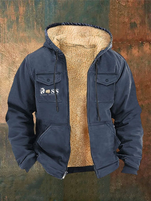 Men's Retro Lettering Printed Arctic Fleece Zip-Up Jacket