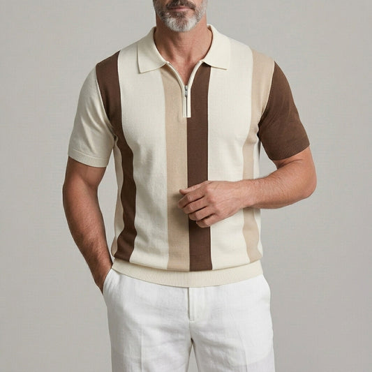 Men's Business Casual Colorblock Half Zipper Slim Knitted Polo Shirt
