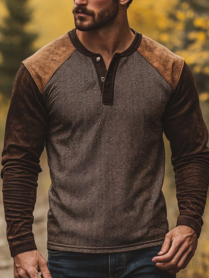 Men's Casual Retro Casual Colorblock Long Sleeve Henley Shirt