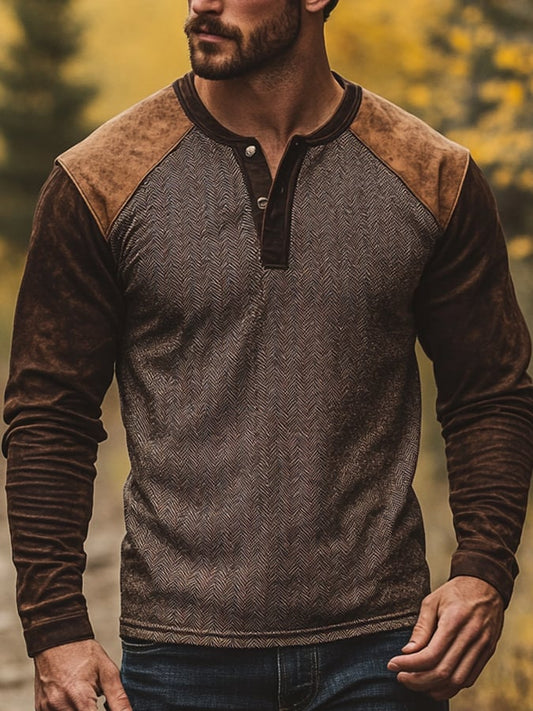 Men's Casual Retro Casual Colorblock Long Sleeve Henley Shirt