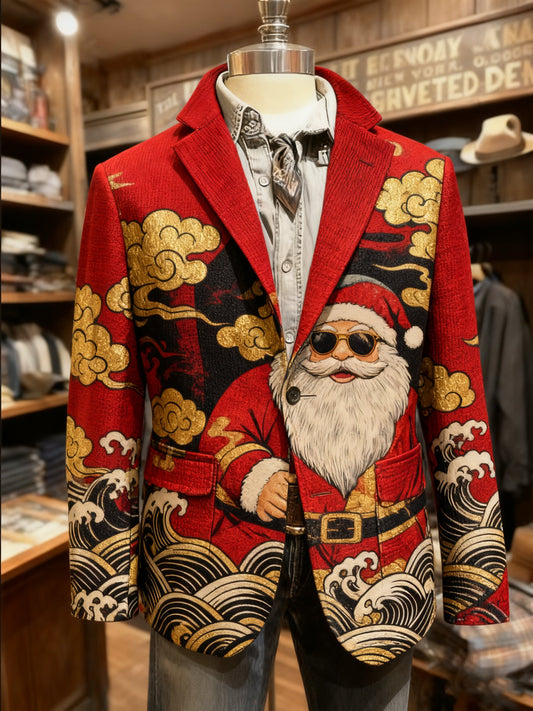 Men's Vintage Ukiyo-e Christmas Santa Print Casual Jacket