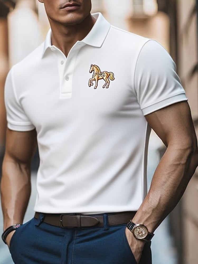 Men's Business Casual Logo Button Short Sleeve Polo Shirt