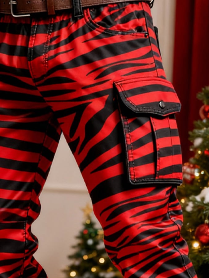 Men's Christmas Zebra Print Pocket Cargo Pants