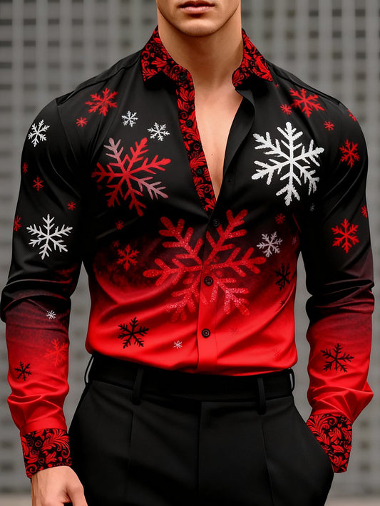 Men's Dark Business Christmas Print Long-Sleeve Shirt