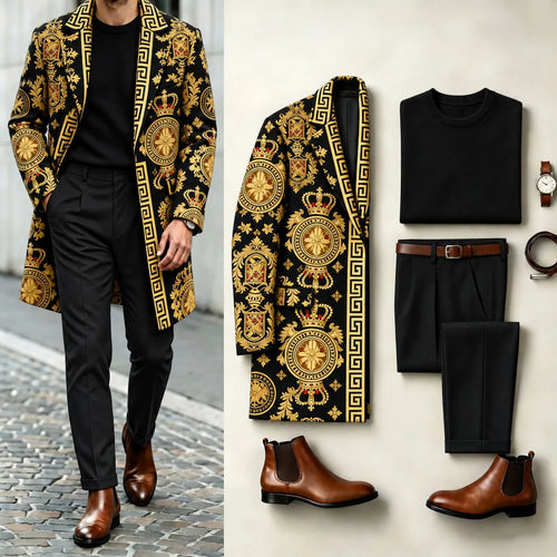 Men's Baroque-Print Coat, Crew-Neck Sweater, and Slacks Three-Piece Set