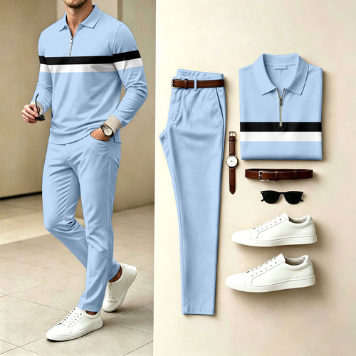 Men's Striped Polo-Collar Zipper Long-Sleeve Shirt and Pants Two-Piece Set
