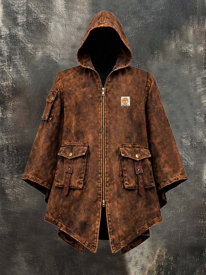 Men's Vintage-Style Distressed Hooded Workwear Cape/Cloak