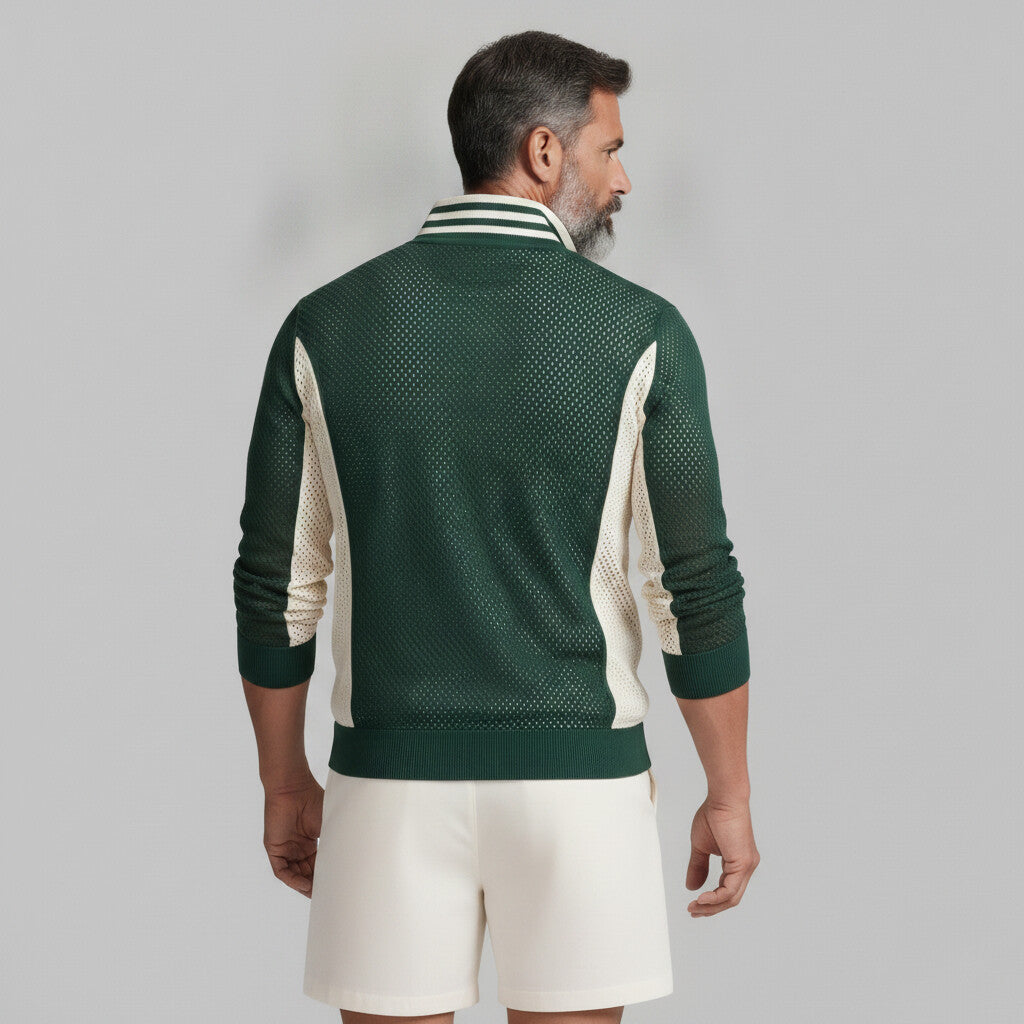 Men's Striped Stand Collar Mesh Hollow Out Colorblock Pullover Sweatshirt