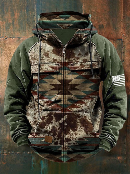 Men's Vintage Western Print Multi-Pocket Jacket