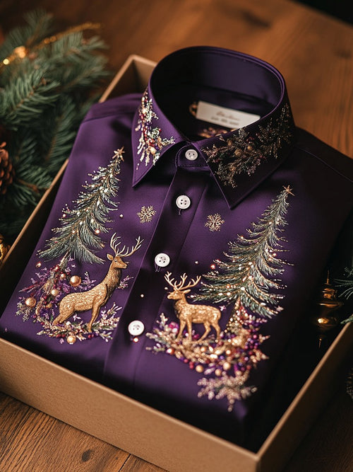 Men's Business Christmas Elk and Christmas Tree Long Sleeve Shirt