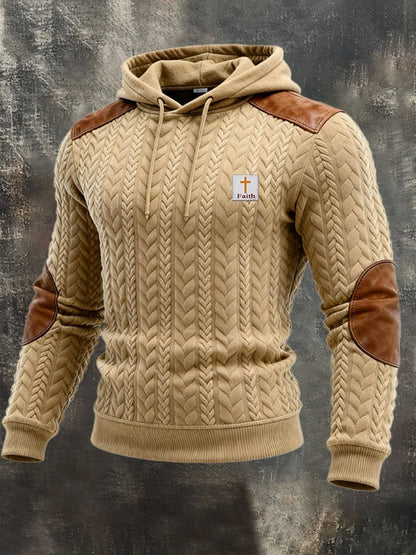 Men's Vintage Knitted Jacquard and Leather Patchwork Hooded Sweatshirt