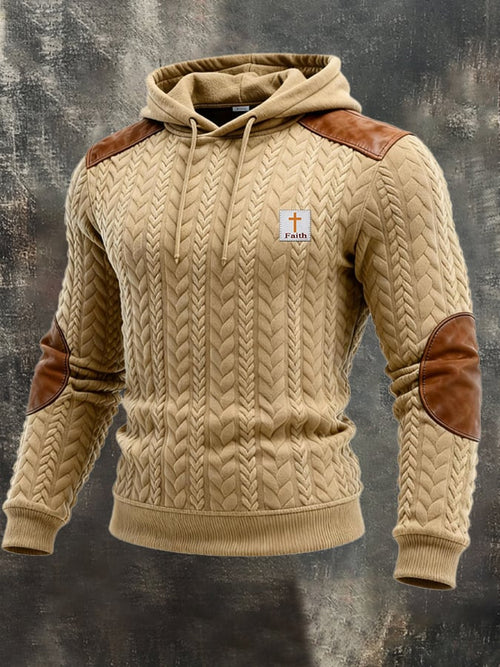 Men's Vintage Knitted Jacquard and Leather Patchwork Hooded Sweatshirt