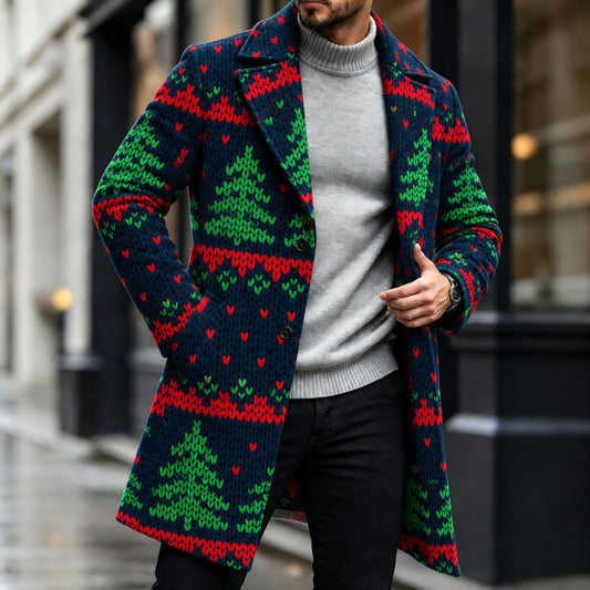 Men's Christmas Tree-Print Wool Overcoat