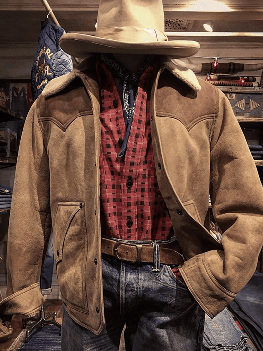 Men's Vintage Suede Patchwork Plush Multi-Pocket Reverse Collar Outdoor Jacket