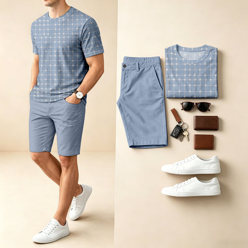 Men's Casual Striped, Color-Blocked Print Round-Neck Short-Sleeve T-Shirt And Shorts Two-Piece Set