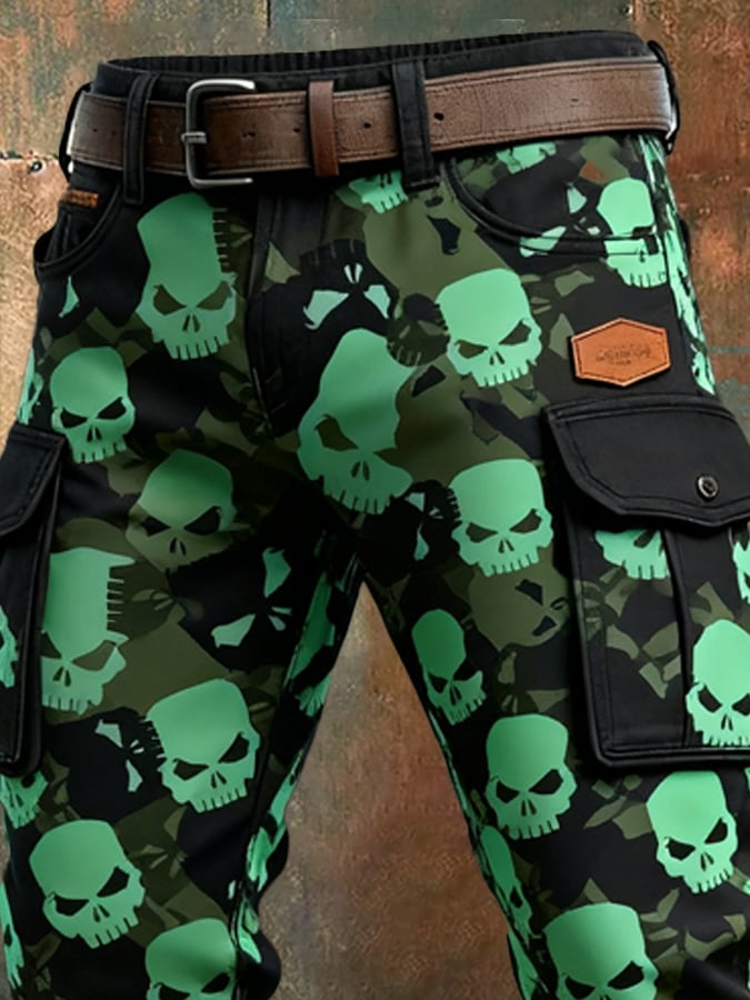 Men's Vintage Skull Camouflage Distressed Pocket Work Pants