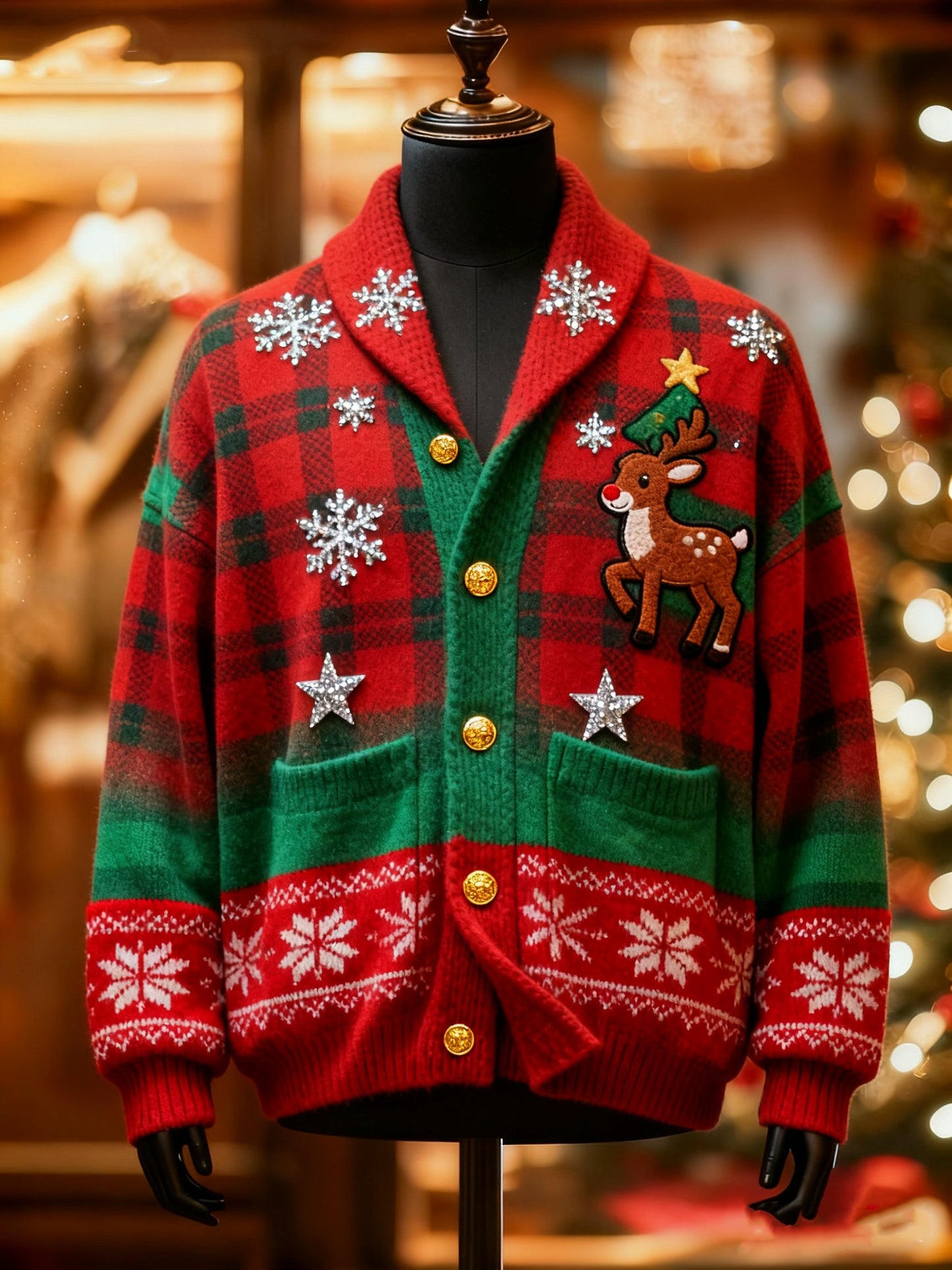 Unisex Christmas Cardigan Smoking Sweater with Santa and Reindeer Pattern