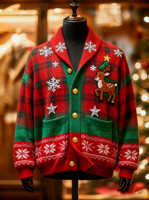 Unisex Christmas Cardigan Smoking Sweater with Santa and Reindeer Pattern