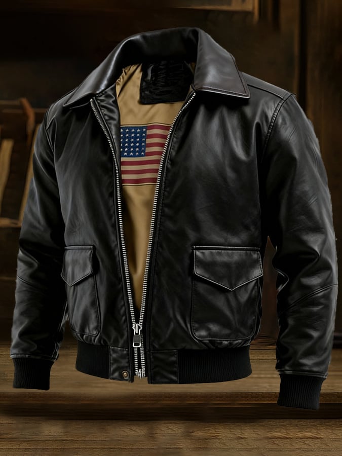 Men's Vintage Leather American Flag Lined Multi-Pocket Outdoor Jacket