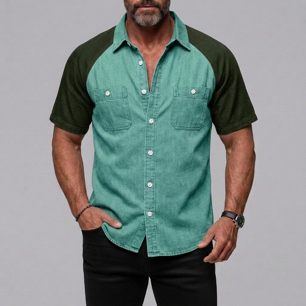 Men's Casual Patch Pockets Button-Up Colorblock Raglan Sleeve Shirt