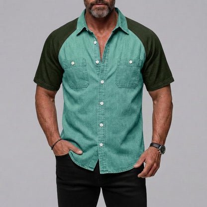 Men's Casual Patch Pockets Button-Up Colorblock Raglan Sleeve Shirt