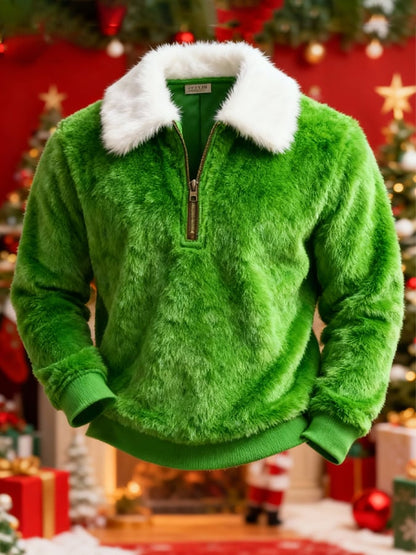 Men's Comfortable Plush Stitching Christmas Warm Zipper Sweatshirt