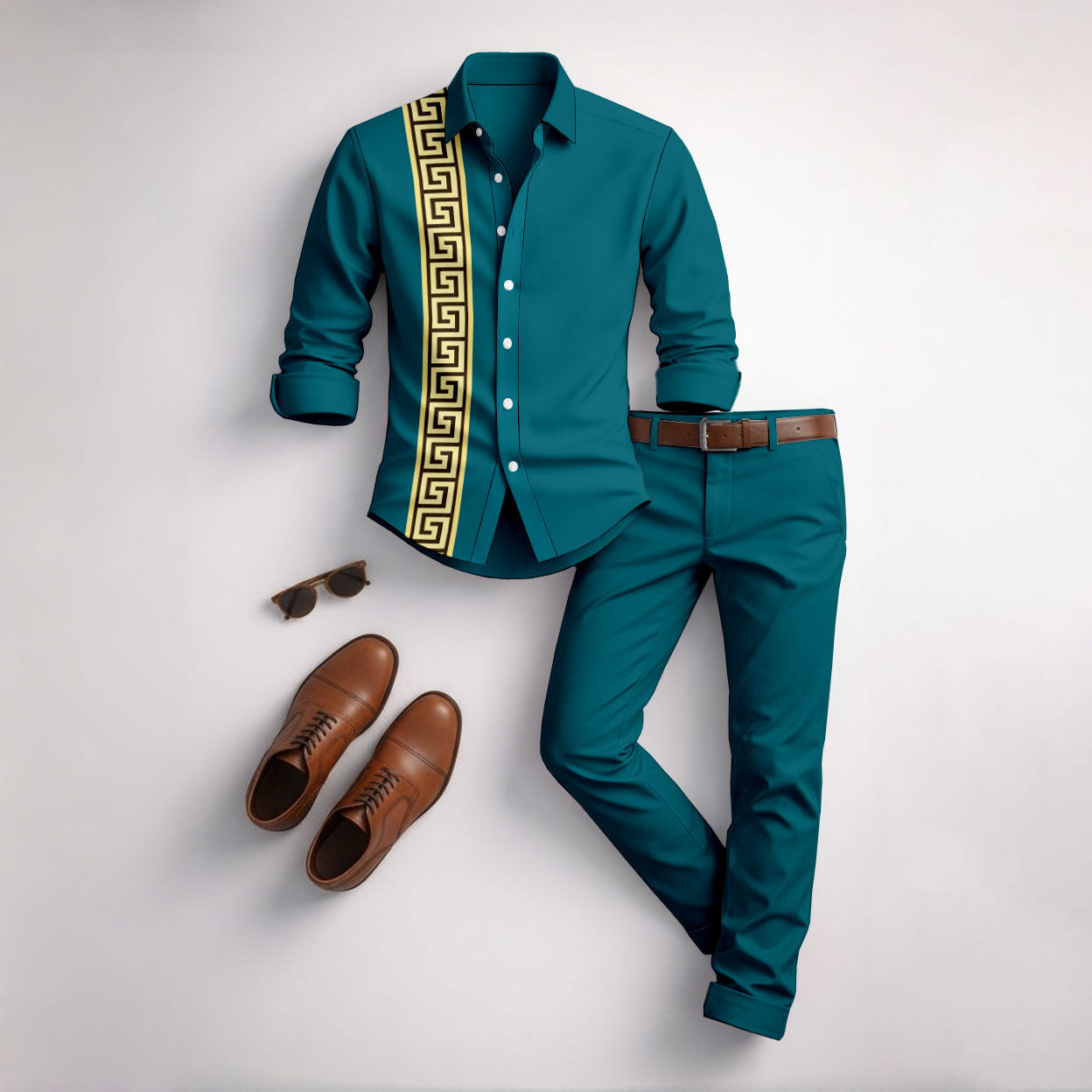 Men's Green Printed Long-Sleeve Shirt and Pants Set
