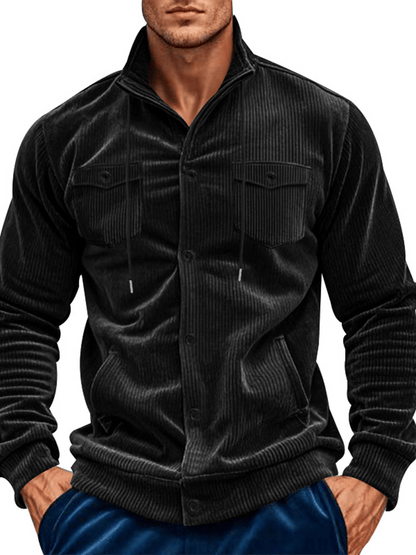 Men's Jacquard Stand Collar Solid Color Retro Multi-Pocket Jacket
