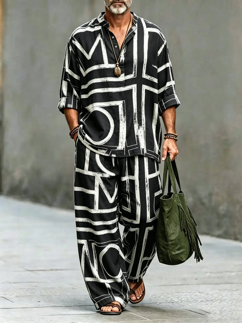 Men's Vintage Abstract Art Printed Cotton Shirt Set (Top & Pants)