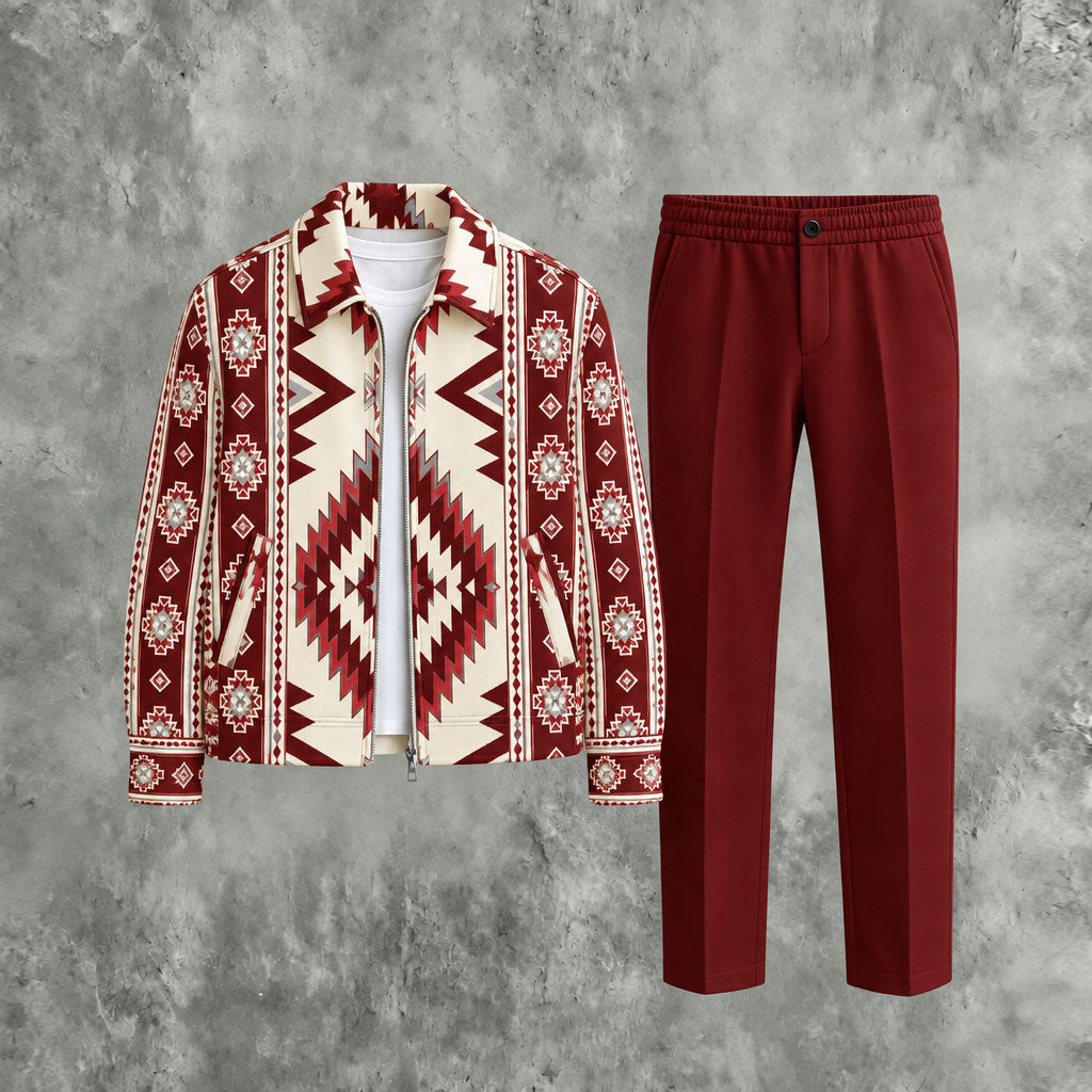 Men's Geometric Ethnic Print Zipper Hoodie and Pants Two-Piece Set
