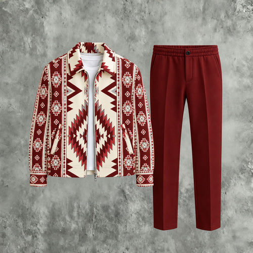 Men's Geometric Ethnic Print Zipper Hoodie and Pants Two-Piece Set
