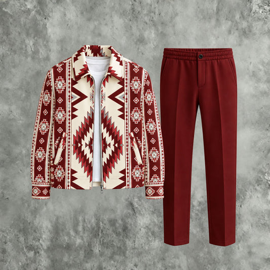 Men's Geometric Ethnic Print Zipper Hoodie and Pants Two-Piece Set